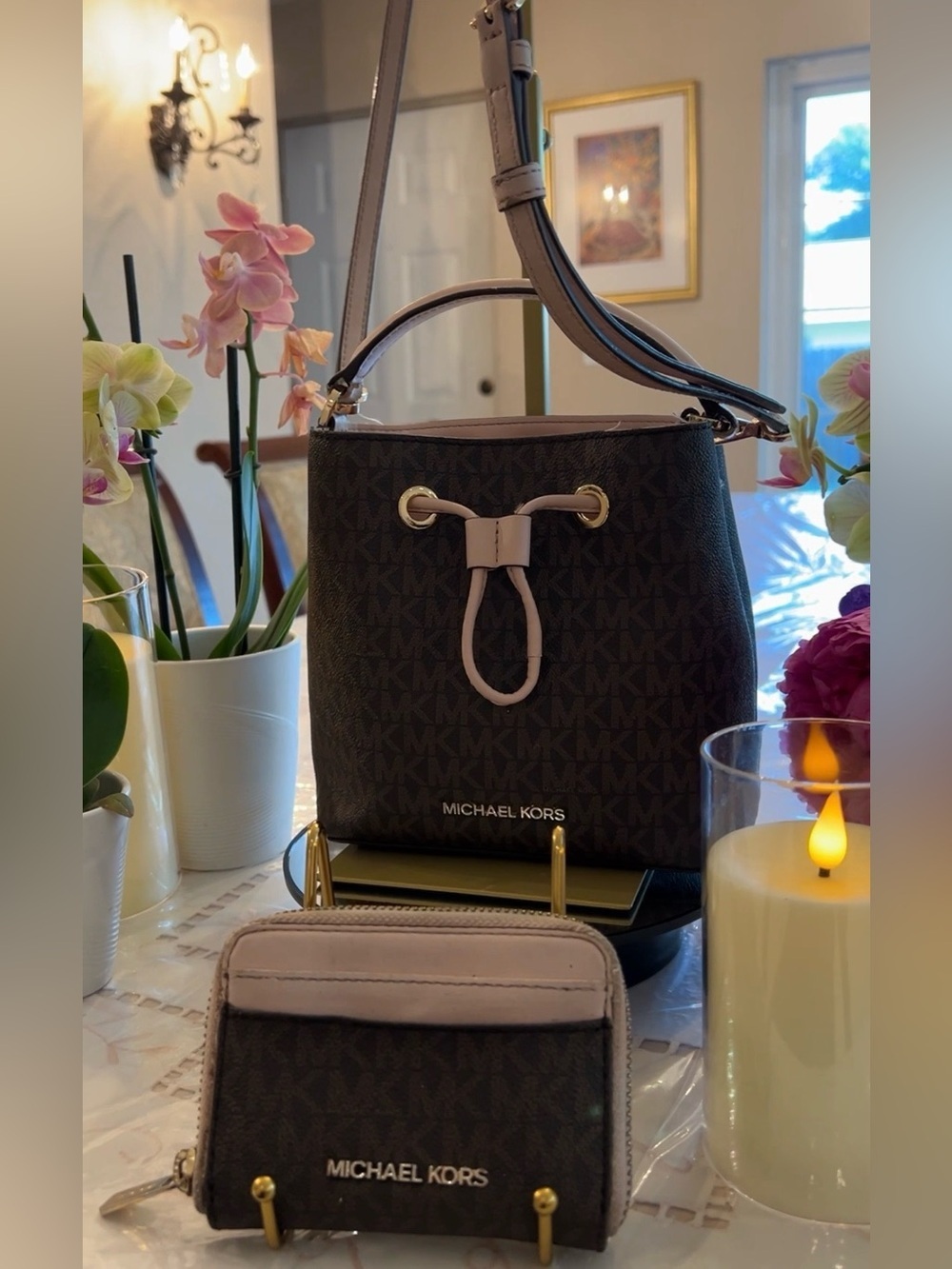 Michael Kors Signature Bucket Crossbody & Wallet Set Blush Pink Brown MK